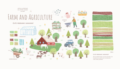 Farm and agriculture. Vector cute illustrations of village life and objects for a poster, banner or postcard, freehand drawings of people, animals, trees, traсtor and house for background and pattern © Ardea-studio