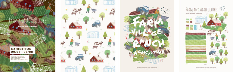 Farm and agriculture. Vector cute illustrations of village life and objects for a poster, banner or postcard, freehand drawings of people, animals, trees, traсtor and house for background and pattern - obrazy, fototapety, plakaty