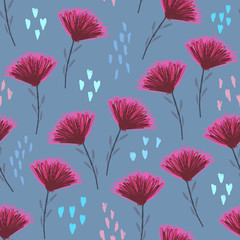 Pale blue floral seamless pattern with cute childish pink flowers, colour hearts and shapes. Colorful botanical texture for textile, wrapping paper, surface, wallpaper, background