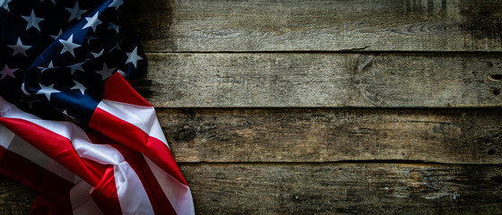 4th of July concept - wood backgrouns with american flag, copy space - obrazy, fototapety, plakaty