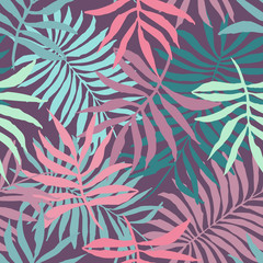 Pale colors seamless pattern with overlap mess of hand drawn fern tropical leaves. Trendy exotic plants texture for textile, wrapping paper, surface, wallpaper, background