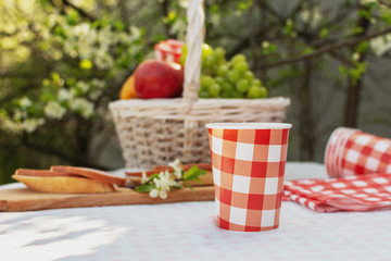 Summertime Outdoors Picnic Natural Food for Lunch. Wicker Basket Full of Fresh Fruit. Toasted Ham and Bread Sandwich Served on Wooden Cutting Board. Red and White Checked Cups with Drink Front View