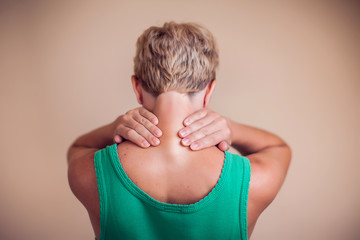 Woman feels strong neck pain isolated. People, healthcare and medicine concept