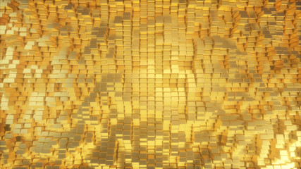 Beautiful abstract golden cubes. The golden wall of blocks is moving. 3d illustration