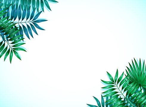 Frame of colorful tropical leaves. Concept of the jungle for the design of invitations, greeting cards and wallpapers. Vector illustration
