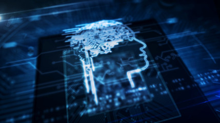 CPU on board with AI head symbol hologram display