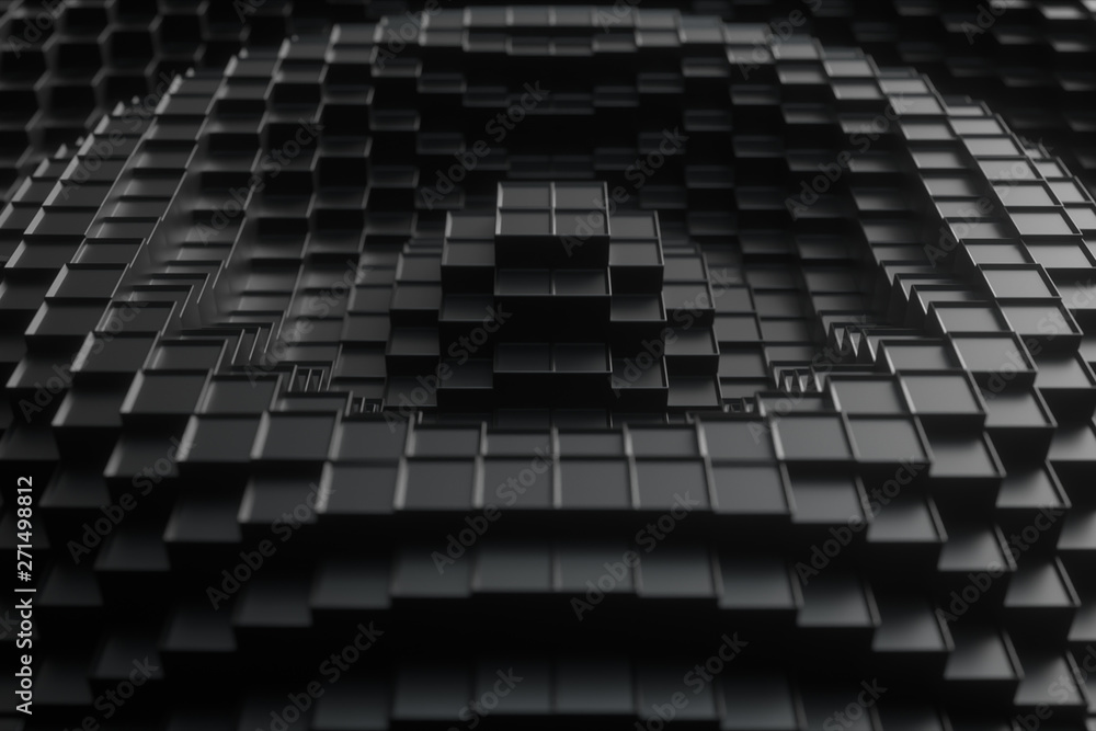 Poster 3d render. dark plastic cubic surface in wave motion. abstract 3d illustration of cubes moving up an