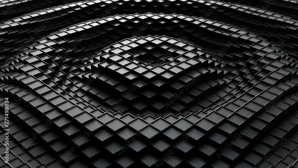 Poster 3d render. dark plastic cubic surface in wave motion. abstract 3d illustration of cubes moving up an