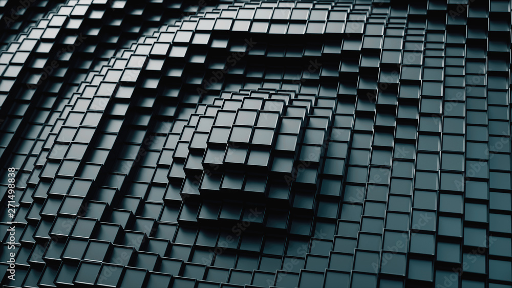 Poster 3d render. dark plastic cubic surface in wave motion. abstract 3d illustration of cubes moving up an
