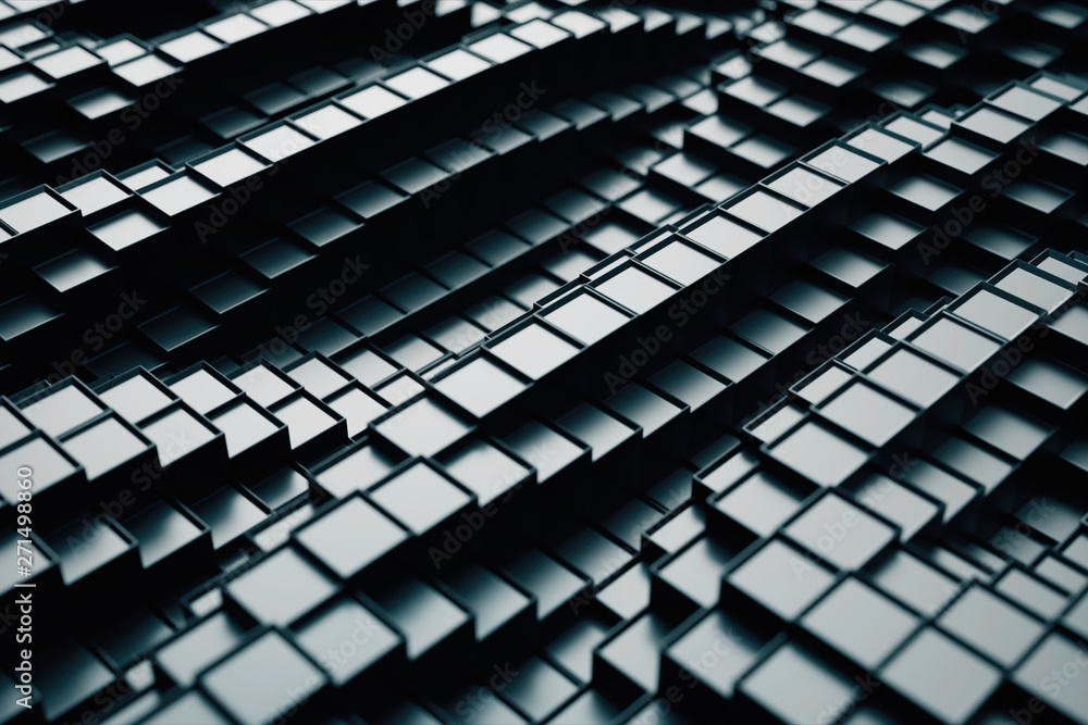 Poster 3d render. dark plastic cubic surface in wave motion. abstract 3d illustration of cubes moving up an