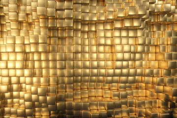 Beautiful abstract golden cubes. The golden wall of blocks is moving. 3d illustration