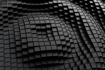 3d render. Dark plastic cubic surface in wave motion. Abstract 3d illustration of cubes moving up...