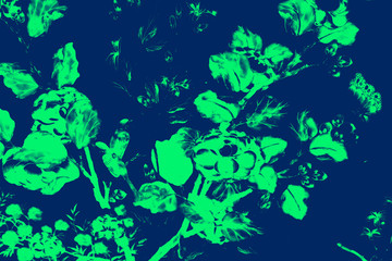 Fototapeta na wymiar Beautiful tree bird and flowers art paintings color green on black black wall illustration pattern background and wallpaper