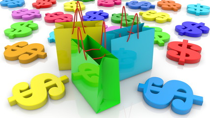 Composition of colorful shopping bags and dollar signs around