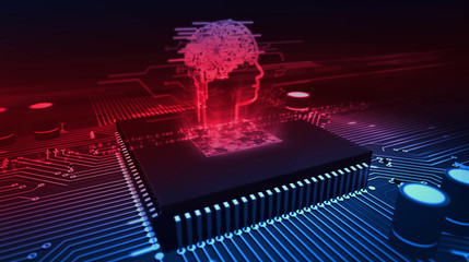 CPU on board with AI head symbol hologram display