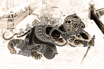 The Ramakien (Ramayana) mural paintings color black and gold on white wall illustration along the galleries wallpaper and art background 
