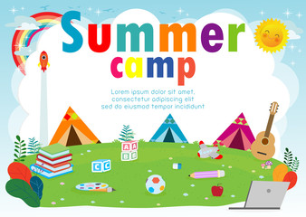 kids summer camp education Template for advertising brochure, children doing activities on camping, summer camp kids poster flyer template, your text ,Vector Illustration