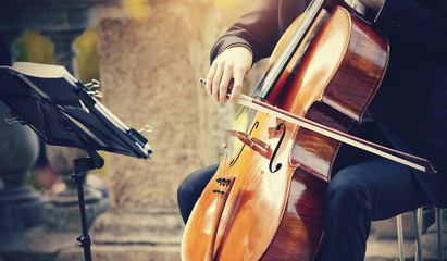 The musician plays the cello.