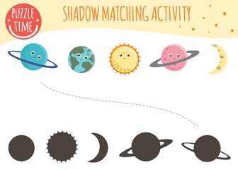 Shadow matching activity for children. Space topic. Cute funny planets.