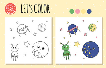 Coloring book with ufo, alien, planet