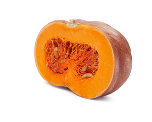 Pumpkin cut in half with seeds, isolated on white background