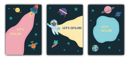 Vector space card template. Banner with galaxy, stars, astronaut, alien, planet, spaceship for children. Cute flat illustration. © Lexi Claus
