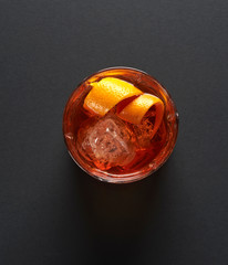 Negroni cocktail with ice, top view