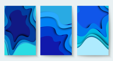 Vector vertical banners with blue paper cut layout background. Abstract water textured backgrounds. Design template for presentations, flyers, posters