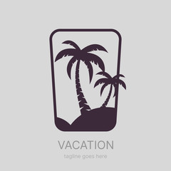 Paradise beach isolated vector logotype. Summer palms landscape silhouette design, EPS 10.