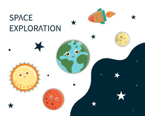 Vector space card template. Banner with galaxy, stars, planets, rocket for children. Cute flat illustration.