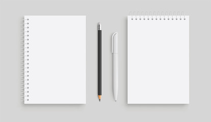 Realistic vector notebook and white pancil, pen. Front view. - stock vector.
