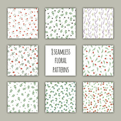 Vector set of seamless patterns with flowers and leaves. Spring or Summer repeating backgrounds. Big collection of floral ornaments..