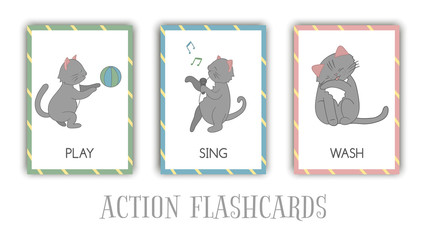 Vector set of actions flash cards with cat. Cute character playing, singing, washing. Cards for early learning. .
