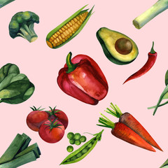 Hand drawn watercolor. Seamless pattern with colored healthy food