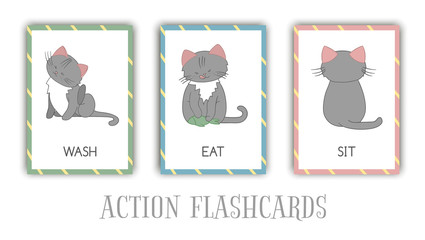 Vector set of actions flash cards with cat. Cute character washing, eating, sitting. Cards for early learning. .