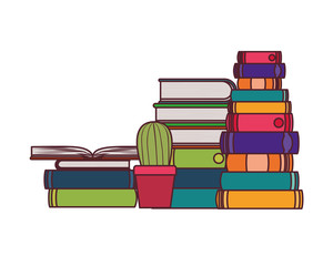 stack of books with houseplant on white background