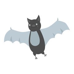 Cartoon bat Halloween character smiling in flight on white background.