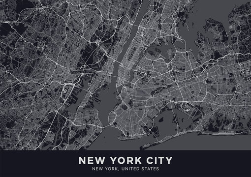 New York City (NYC, NY) map. Dark poster with map of New York City (New York, United States). Highly detailed map of The "Big Apple" with water objects, roads, railways, etc. Printable poster.