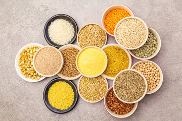 Healthy food vegetarian (vegan) concept. Assorted various organic cereals, legumes, whole grains.