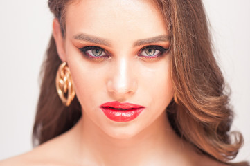 Beautiful Woman With Beauty Makeup On Face  Red Lipstick On Lips And Glamourous Look