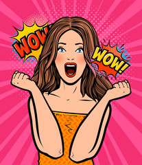 Portrait of an emotional surprised young woman. Wow retro comic style vector - obrazy, fototapety, plakaty