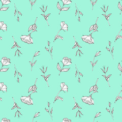 Seamless pattern with hand-drawn prairie gentian (lisianthus) flowers and leaves. Ink-drawn. Black and white design element. Isolated on aquamarine. Design template