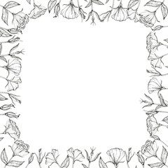 Decorative square frame with hand-drawn prairie gentian (lisianthus) flowers and leaves. Ink-drawn. Black and white design element. Isolated on white. Design template