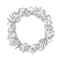 Decorative wreath with hand-drawn prairie gentian (lisianthus) flowers and leaves. Ink-drawn. Black and white design element. Isolated on white. Design template
