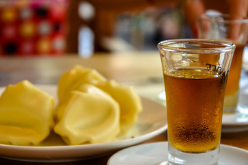 Traditional Georgian pomace brandy called chacha, also known as grape vodka or Georgian grappa and traditional food Khinkali