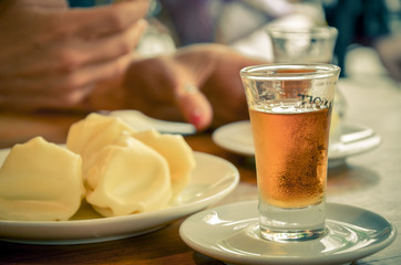 Traditional Georgian pomace brandy called chacha, also known as grape vodka or Georgian grappa and traditional food Khinkali