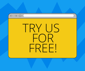 Text sign showing Try Us For Free. Conceptual photo Trial at not any cost Offer promotion big discount Monitor Screen with Forward Backward Progress Control Bar Blank Text Space