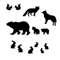 monochrome,  black, white, contour, silhouette, tattoo, vector, set, isolated,  illustration, animal, bear, fox, wolf, hare, rabbit, squirrel