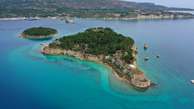 Aerial drone photo of famous Venetian fortified islet of Souda featuring small chapel of Agios Nikolaos, Chania, Crete island, Greece