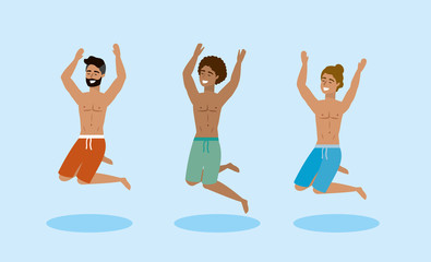 set of men wearing bathing shorts and jumping to summer time